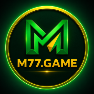 M77 Game circular gaming logo with green and gold neon design on dark background